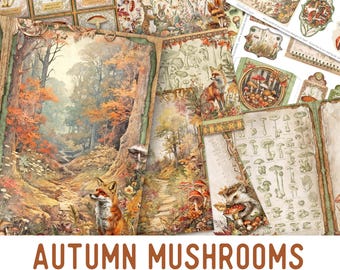 Autumn Mushrooms Large Junk Journal Kit, Autumn Crafting Printables Mushrooms Embellishments Autumn Printable Fall Paper Junk Journal 003372