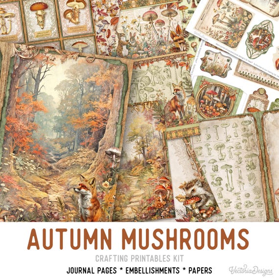 Autumn Mushrooms Large Junk Journal Kit (Standard) - Printable Pages, Papers and Embellishments for Crafting - 003372