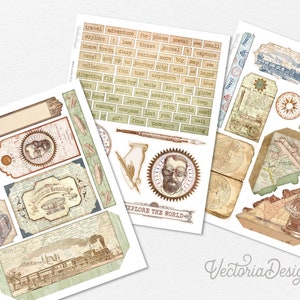 May include: A collection of vintage-style travel-themed ephemera, including tags, labels, and map elements. The designs feature sepia tones, compasses, airships, trains, and text elements like "Explore the World". Ideal for scrapbooking and crafting.