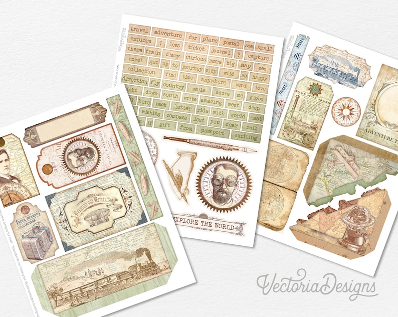 May include: A collection of vintage-style travel-themed ephemera, including tags, labels, and map elements. The designs feature sepia tones, compasses, airships, trains, and text elements like "Explore the World". Ideal for scrapbooking and crafting.
