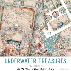 Underwater Treasures Junk Journal Kit, Printable Junk Journal Kit Sea Embellishments Junk Journal Under the Sea Papers Craft Kit 003054