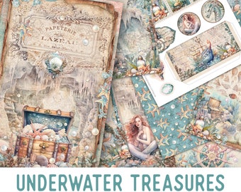 Underwater Treasures Junk Journal Kit, Printable Junk Journal Kit Sea Embellishments Junk Journal Under the Sea Papers Craft Kit 003054