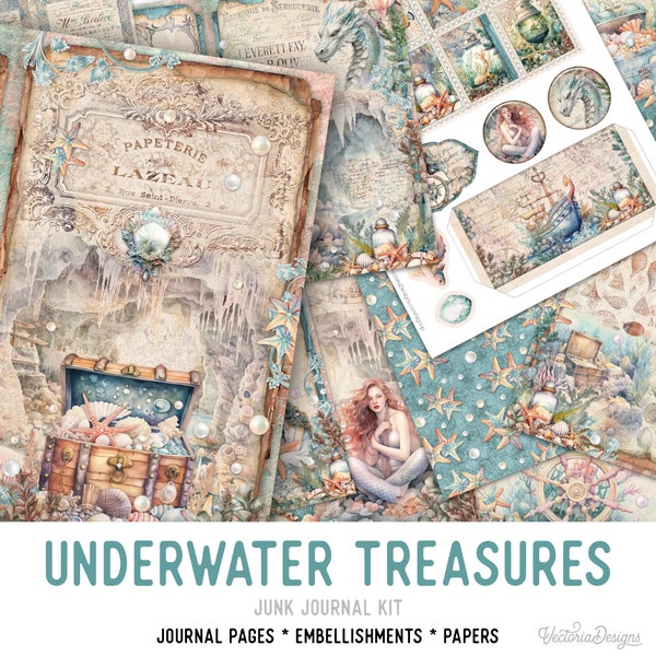 Underwater Treasures Junk Journal Kit, Printable Junk Journal Kit Sea Embellishments Junk Journal Under the Sea Papers Craft Kit 003054