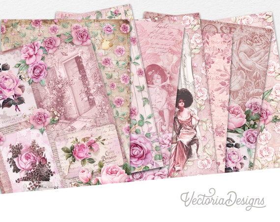 Shabby Rose Elegance Paper Pack, Scrapbook Paper, Vintage Paper Pack, Printable Paper Pack, Digital Paper, Digital Download Shabby 002244