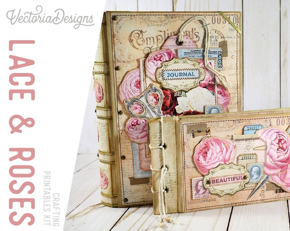Lace & Roses Junk Journal Kit - Printable Pages, Papers and Embellishments for Crafting - 002165