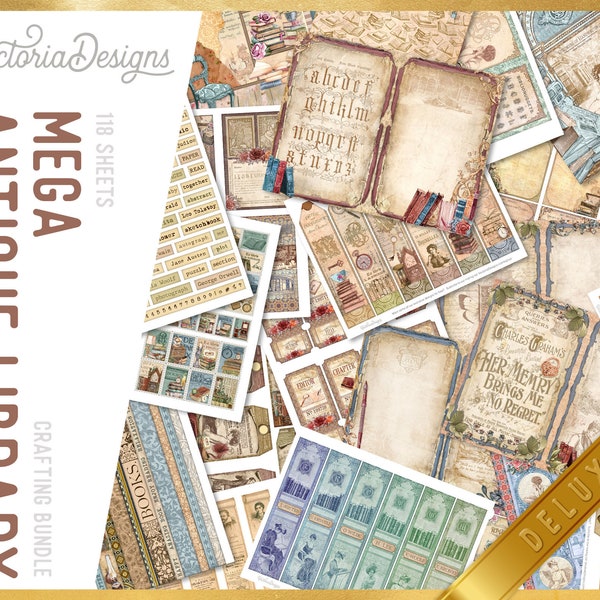 Antique Library DELUXE MEGA Crafting Bundle, Library Printables, Printable Paper, Embellishments, Library Junk Journal, Craft Kits - 002801