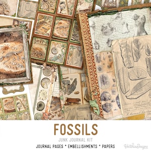 以下が含まれることがあります： 化石、葉、その他の自然な要素のイラストが描かれた、ヴィンテージな美学を持つデジタルジャンクジャーナルキット。キットには、ジャーナルページ、装飾品、紙が含まれています。画像の下部には、大きなフォントで「FOSSILS」というテキストが表示されています。「FOSSILS」という単語の下には、より小さなフォントで「JUNK JOURNAL KIT」というテキストが表示されています。「JUNK JOURNAL KIT」というテキストの下には、より小さなフォントで「JOURNAL PAGES * EMBELLISHMENTS * PAPERS」というテキストが表示されています。画像の右下隅には、より小さなフォントで「Vectoria Designs」というテキストが表示されています。