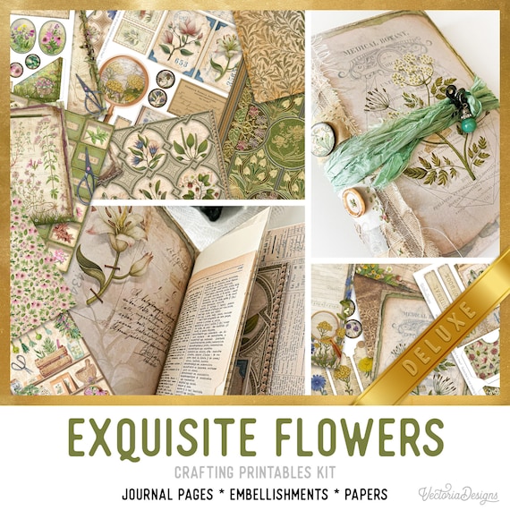 Exquisite Flowers Junk Journal Kit (DELUXE) - Printable Pages, Papers and Embellishments for Crafting - 002990