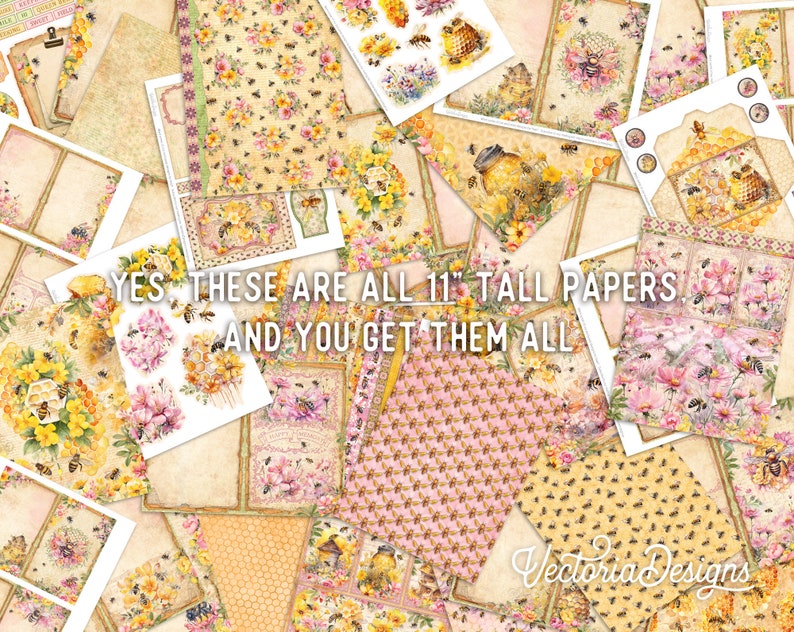 Honey Bees Junk Journal Kit DELUXE, Honey Bees Crafting Printables Kit Honey Embellishments Printable Paper Bees Kit Craft Tutorial 003284 image 2