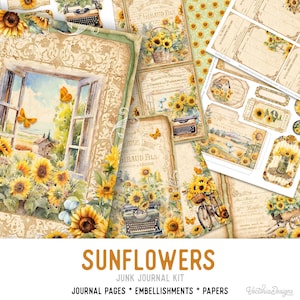 Sunflowers Junk Journal Kit, Sunflowers Printable Junk Journal Kit Sunflower Embellishments Junk Journal Papers Sunflower Craft kit - 003224