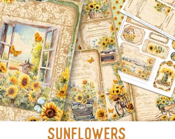 Sunflowers Junk Journal Kit, Printable Pages for Crafting - 003224