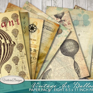 Vintage Air Balloon Paper Pack, Printable Paper Pack, Decorative Paper, PDF Paper Pack, Hot Air Balloons, Instant Download, Dirigible 002010
