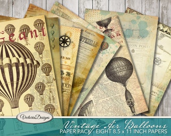 Vintage Air Balloon Paper Pack, Printable Paper Pack, Decorative Paper, PDF Paper Pack, Hot Air Balloons, Instant Download, Dirigible 002010