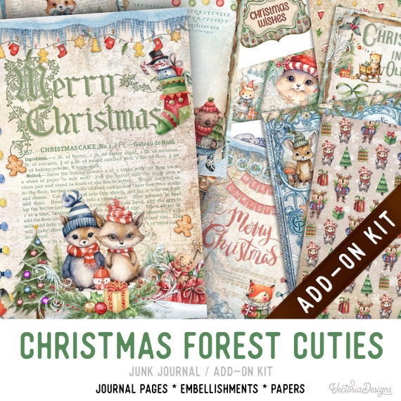 Christmas Forest Cuties Junk Journal Kit, Printable Craft Pages, Embellishments (Add-On) - 003277