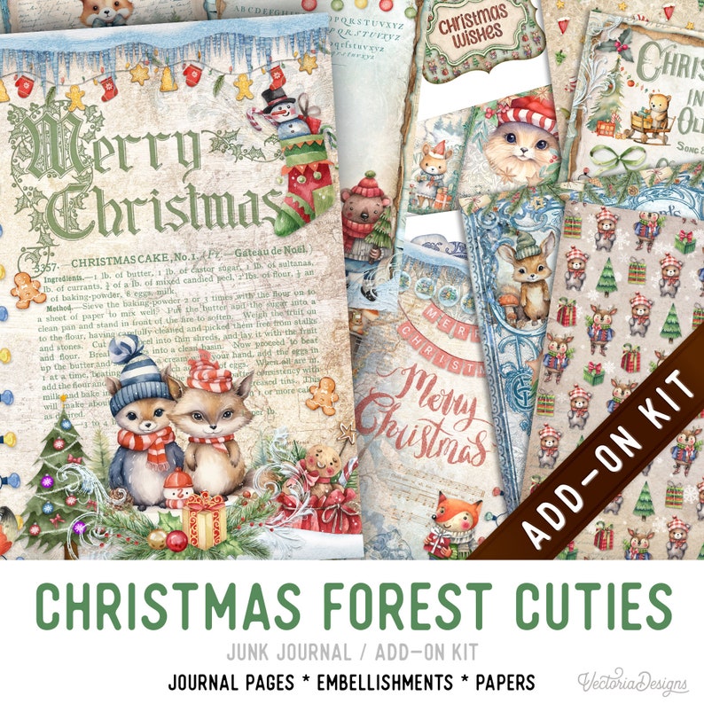 Christmas Forest Cuties Junk Journal Kit ADD-ON, Printable Junk Journal Pages Printable Junk Journal Kit Craft kits Junk Journal 003277 image 1