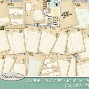 Pu&ograve; includere: Un set di pagine di pianificatore da giardino e diario stampabili in stile vintage. Le pagine presentano una variet&agrave; di design, tra cui illustrazioni floreali, motivi a griglia e carta rigata. Le pagine sono etichettate con i mesi dell'anno e includono sezioni per appunti, calendari di semina e altre informazioni relative al giardino. Il testo "GARDEN PLANNER / JOURNAL PAGES (A4, A5 & LETTER)" &egrave; stampato nella parte inferiore dell'immagine.
