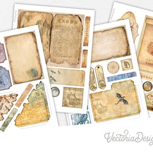 Dragon treasure paper embellishment and scrapbook sheets - Digital dragon crafting paper supplies - Decorative  ephemera paper pack 002445
