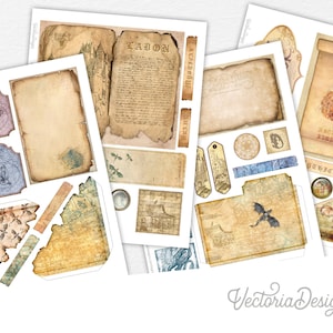 May include: A set of vintage-style printable digital papers featuring a dragon theme. The papers are in various shades of brown, beige, and blue with intricate designs and text. The papers are perfect for scrapbooking, card making, and other crafting projects.