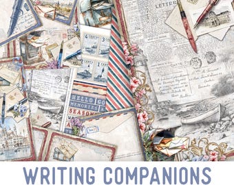 May include: A junk journal kit with the words "Writing Companions" in a blue banner. The kit includes journal pages, embellishments, and papers with a vintage nautical theme. The papers feature images of boats, lighthouses, and stamps.