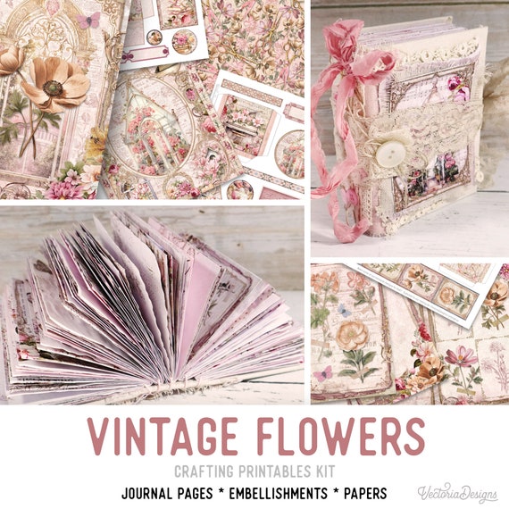 Vintage Flowers Junk Journal Kit Large (Standard) - Printable Pages, Papers and Embellishments for Crafting - 003189