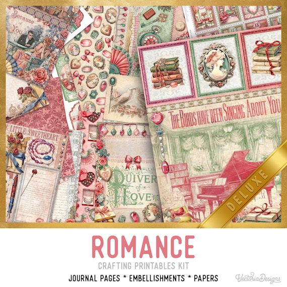 Romance Junk Journal Kit DELUXE - Printable Pages, Papers and Embellishments for Crafting - 003645