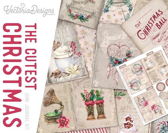 The Cutest Christmas Junk Journal Kit, Christmas Ephemera, Christmas Gift, Printable Journal Pages, Christmas In July, Summer Santa  002147