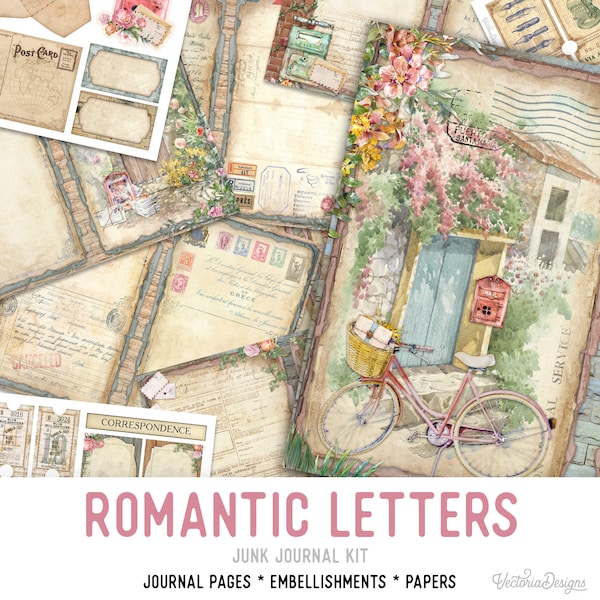 Romantic Letters Junk Journal Kit, Letters Junk Journal Kit, Printable Junk Journal Kit, Craft kit, Printable Journal Pages, DIY - 002557