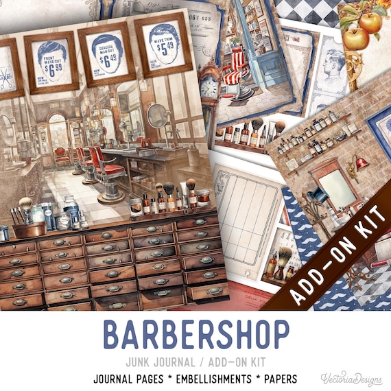 Barbershop Junk Journal Kit, Printable Pages, Embellishments, Papers (Add-On) - 003570