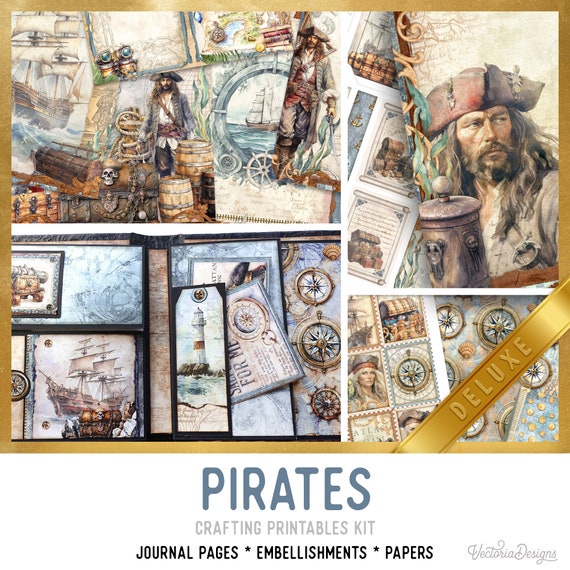 Pirates Junk Journal Kit DELUXE - Printable Pages, Papers and Embellishments for Crafting - 003415