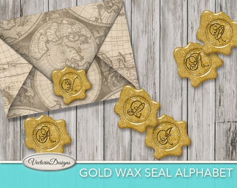Gold Wax Seal Alphabet Printable Letters paper crafting scrapbooking mixed media digital download printable collage sheet - 001616