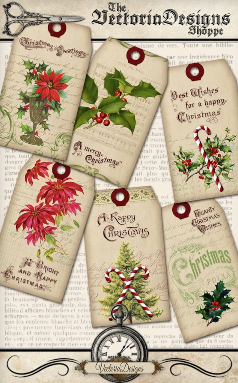 Christmas Tags Printable, Digital Christmas Present, Christmas Gift, Christmas Decoration, Vintage Christmas Downloads, Digital 001222 image 1