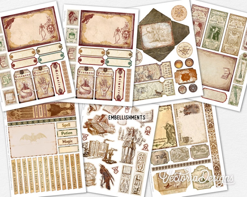 Grimoire Crafting Printables Kit MINI, Dark Halloween Junk Journal Kit Witch Ephemera Printable Paper Pack Embellishment Craft Kit 003128 image 3