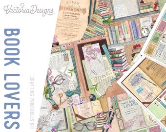 Book Lover's crafting printable kit book junk journal kit book theme paper embellishments vintage book papers for DIY crafting 002136