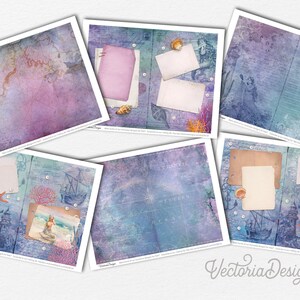 May include: Six digital paper backgrounds with a nautical theme. The papers feature a variety of textures, colors, and images, including maps, mermaids, seashells, and coral. The papers are perfect for scrapbooking, card making, and other paper crafts.