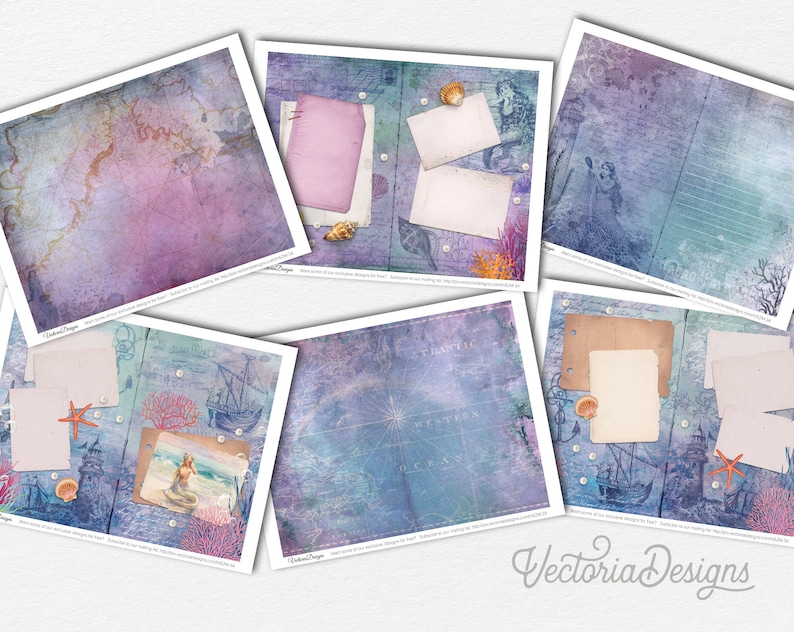 May include: Six digital paper backgrounds with a nautical theme. The papers feature a variety of textures, colors, and images, including maps, mermaids, seashells, and coral. The papers are perfect for scrapbooking, card making, and other paper crafts.