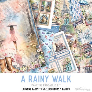 A Rainy Walk Junk Journal Kit, Rain Crafting Printables Rain Embellishments Rain Printable Rain Paper Rain Junk Journal 003366