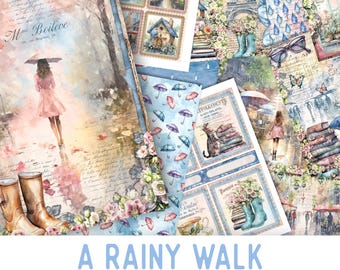 A Rainy Walk Junk Journal Kit, Rain Crafting Printables Rain Embellishments Rain Printable Rain Paper Rain Junk Journal 003366