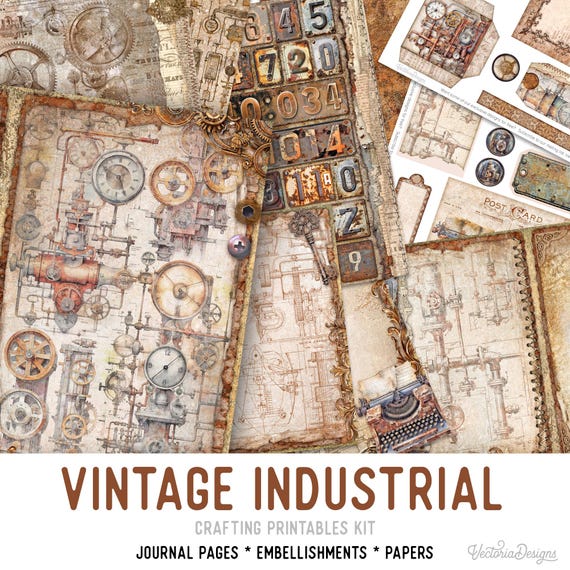 Vintage Industrial Large junk Journal Kit (Standard) - Printable Pages, Papers and Embellishments for Crafting - 003410