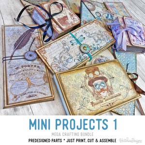 May include: A collection of mini projects, including a book with a feather and a vintage-style book with a dragonfly design. The projects are part of a mega crafting bundle called "Mini Projects 1" and are pre-designed for easy assembly. The text "PREDESIGNED PARTS * JUST PRINT. CUT & ASSEMBLE" is also included in the image.