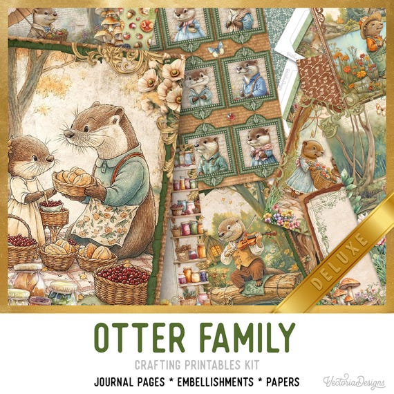 Otter Family Junk Journal Kit (DELUXE) - Printable Pages, Papers and Embellishments for Crafting - 003972
