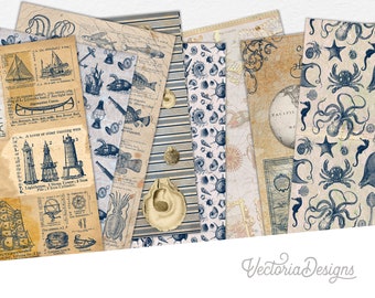 Nautical Paper Pack, Printable Paper Pack, Digital Sea Paper, Instant Download, Wrapping Paper Pack, Nautical Collage Sheets 002027