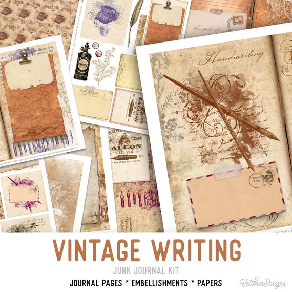 Vintage Writing Junk Journal Kit - Printable Pages, Papers and Embellishments for Crafting - 002036