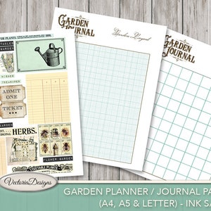Puede incluir: Un conjunto de p&aacute;ginas de diario de jard&iacute;n de estilo vintage. Incluye una p&aacute;gina de dise&ntilde;o con una cuadr&iacute;cula, una p&aacute;gina con una ilustraci&oacute;n de regadera y varios elementos decorativos como boletos y etiquetas. P&aacute;ginas para formatos A4, A5 y carta.