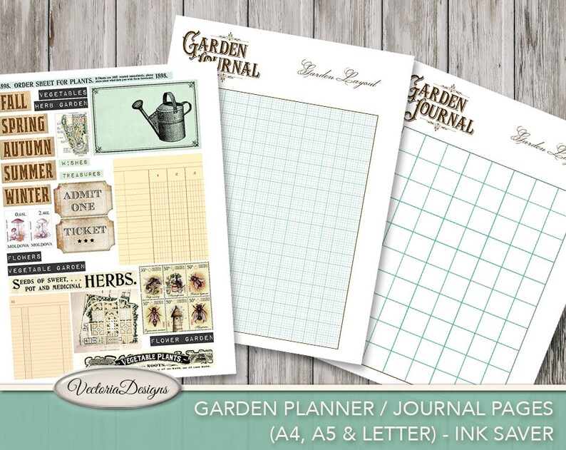 Puede incluir: Un conjunto de p&aacute;ginas de diario de jard&iacute;n de estilo vintage. Incluye una p&aacute;gina de dise&ntilde;o con una cuadr&iacute;cula, una p&aacute;gina con una ilustraci&oacute;n de regadera y varios elementos decorativos como boletos y etiquetas. P&aacute;ginas para formatos A4, A5 y carta.