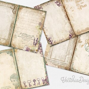 Op de afbeelding: Een set van zes vintage-stijl scrapbook papierpagina's met verweerde randen en bloemmotieven. De pagina's hebben een verscheidenheid aan texturen en kleuren, waaronder cr&egrave;me, bruin, groen en paars. De pagina's zijn perfect om een vleugje vintage charme toe te voegen aan je scrapbookprojecten.