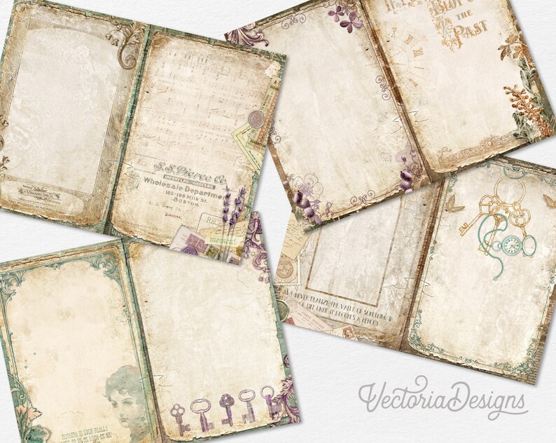 Op de afbeelding: Een set van zes vintage-stijl scrapbook papierpagina's met verweerde randen en bloemmotieven. De pagina's hebben een verscheidenheid aan texturen en kleuren, waaronder cr&egrave;me, bruin, groen en paars. De pagina's zijn perfect om een vleugje vintage charme toe te voegen aan je scrapbookprojecten.