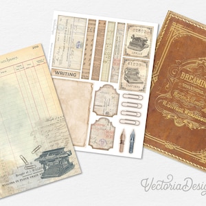 Peut inclure: Un pack de papier num&eacute;rique avec des images de style vintage, comprenant une page de registre, une machine &agrave; &eacute;crire, une couverture de livre et divers &eacute;tiquettes et &eacute;ph&eacute;m&egrave;res. Le pack est parfait pour le scrapbooking, la fabrication de cartes et autres travaux manuels en papier.