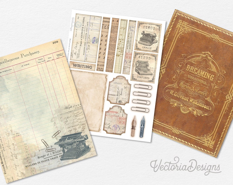 Peut inclure: Un pack de papier num&eacute;rique avec des images de style vintage, comprenant une page de registre, une machine &agrave; &eacute;crire, une couverture de livre et divers &eacute;tiquettes et &eacute;ph&eacute;m&egrave;res. Le pack est parfait pour le scrapbooking, la fabrication de cartes et autres travaux manuels en papier.