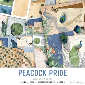 Peacock Pride Junk Journal Kit, Embellishments, Printable Junk Journal Kit, Scrapbooking, Printable Journal Pages, Ephemera, Digital 002219