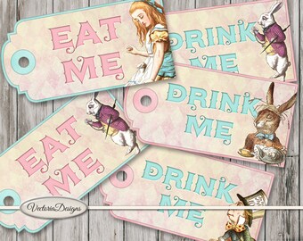 Alice in Wonderland Eat Me Drink Me Tags Printable back crafting scrapbooking digital download instant download digital sheet - VDTAAL1547